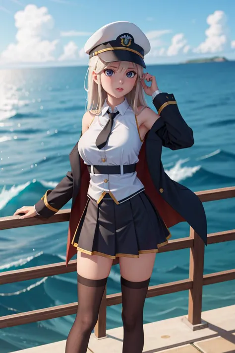 a woman in a sailor outfit posing on a pier