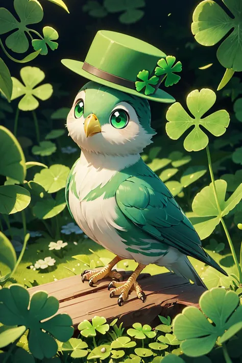 ((masterpiece, best quality)),  <lora:ShamrockWorld-10:0.8>, ShamrockWorld,  clover, four-leaf clover, light particles, green top hat,  looking at viewer, hat, green eyes, no humans, bird, animal, animal focus, green theme, clover, four-leaf clover