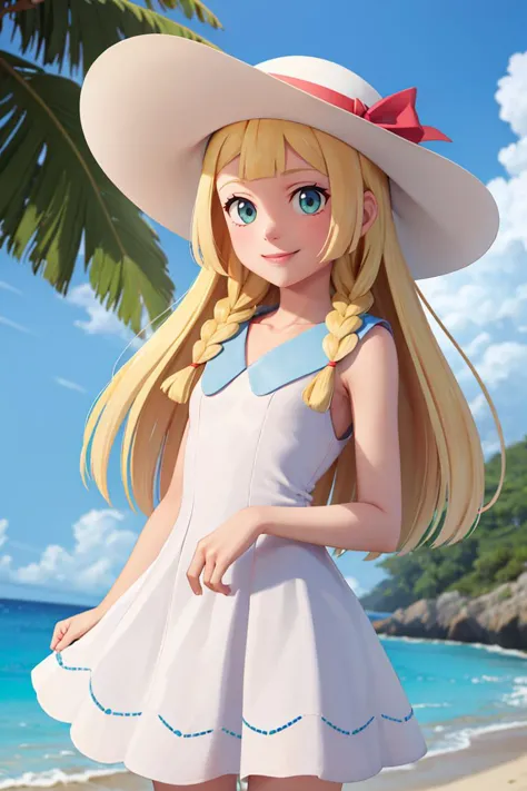 masterpiece, best quality, highres, aalillie, long hair, braid, sun hat, white headwear, collarbone, sleeveless dress, white dress, <lora:lillie_(pokemon)_v1:0.7>, smile, outdoors, tropical beach, cowboy shot