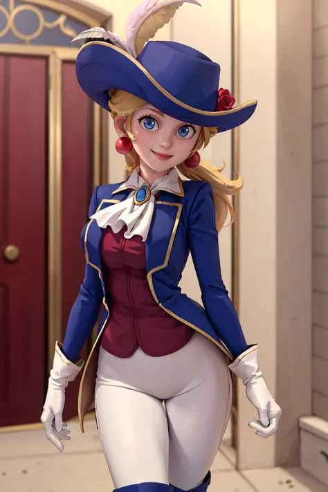 ((masterpiece,best quality)),  absurdres, <lora:Princess_Peach_Nintendo:0.8>, Swordfighter_Peach, solo, 1girl, hat, blonde hair, blue eyes, jewelry, earrings, long hair, rapier, hat feather, pants, ascot, red rose, hat flower, ponytail, white pants, white gloves, boots, blue jacket, long sleeves, smiling, looking at viewer, cowboy shot,