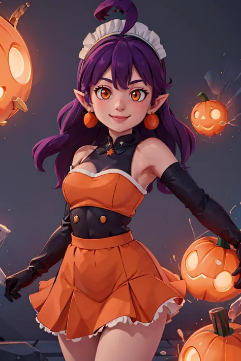 ((masterpiece,best quality)), absurdres, <lora:Stardust_Pumpkins_Citron_OC_Anime:0.8>, Stardust_Pumpkins_Citron_OC,  1girl, solo, long purple hair,  orange eyes, ahoge, pointy ears, orange dress, elbow gloves, bare shoulders, maid headdress, jewelry, earrings,  solo, smiling, looking at viewer, cowboy shot,   , ,