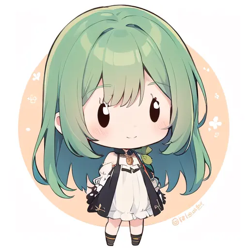 1girl, (chibi:1.4), smile, closed mouth, dynamic angle, standing, , green hair,