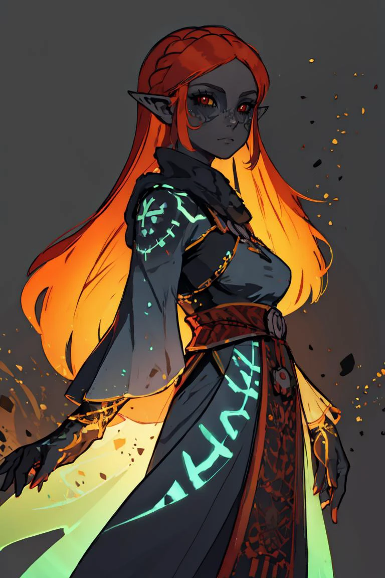 ((masterpiece,best quality)), (Twilight_Theme_Zelda), glow, glowing, green glow, dark skin, grey skin, glowing tattoo, pointy ears,  red eyes, orange hair, long hair, yellow sclera, princess zelda, 1girl, bangs,  breasts, bridal gauntlets, closed mouth, expressionless, from side, highres, jewelry, long hair, long sleeves