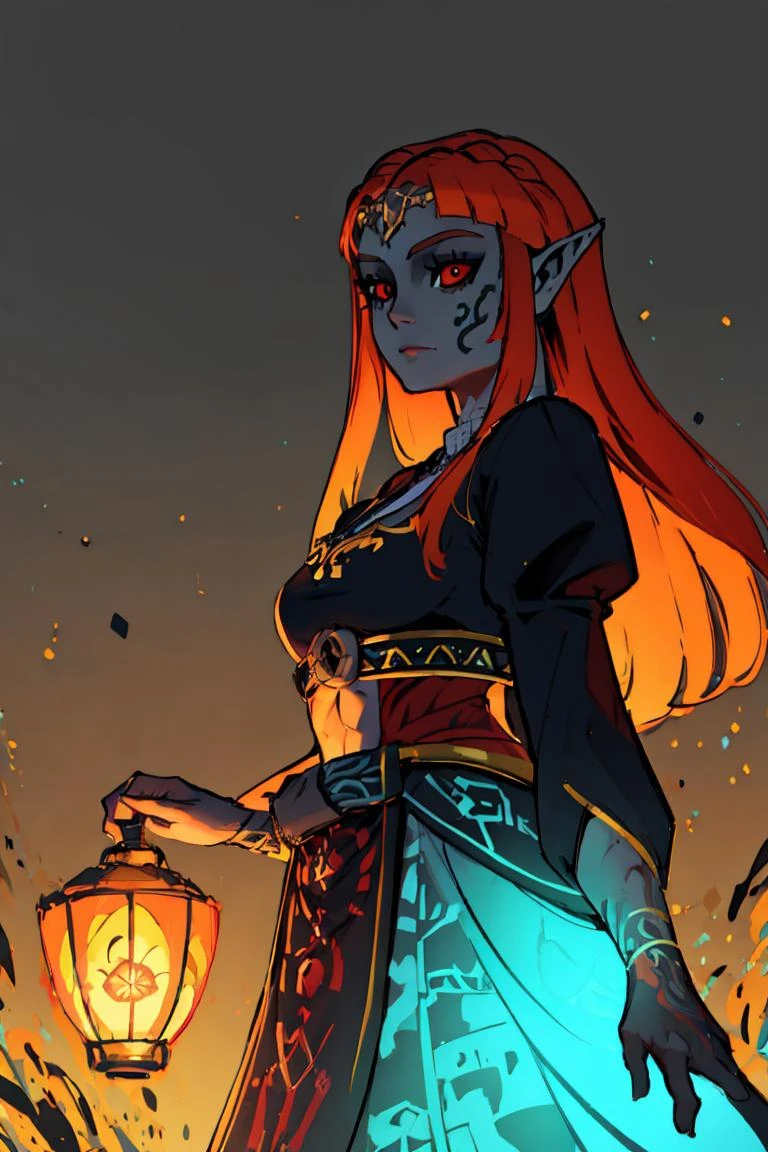 ((masterpiece,best quality)), (Twilight_Theme_Zelda), glow, glowing, green glow, dark skin, grey skin, glowing tattoo, pointy ears,  red eyes, orange hair, long hair, yellow sclera, princess zelda, 1girl, bangs,  breasts, bridal gauntlets, closed mouth, expressionless, from side, highres, jewelry, long hair, long sleeves