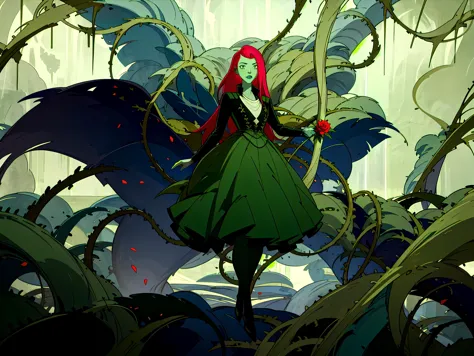 concept art, <lora:poisonivy:0.8> poisonivy, full body, holding a rose, detailed face, beautiful face, dress made of vines, green forest, , detailed background, dynamic composition, intricate details, high quality, best quality, masterpiece