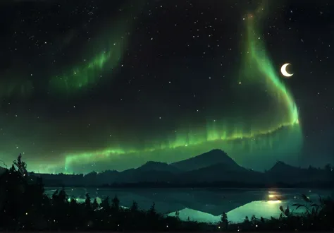 a green aurora bore over a lake and mountains with a crescent