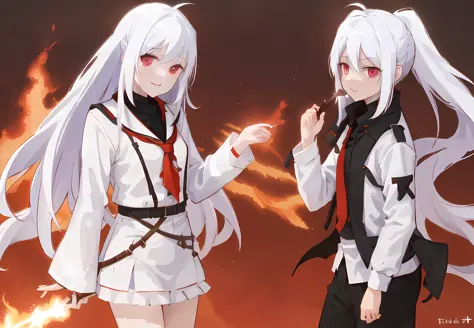 <lora:isla plastic memories:0.8>, red eyes, white hair, (high quality, best quality:1.4), ((fire magic))