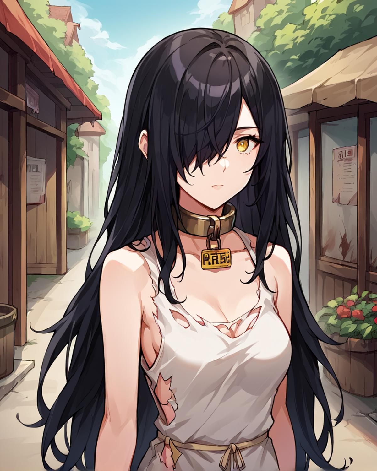 A woman with long black hair and a choke on her neck - SeaArt AI