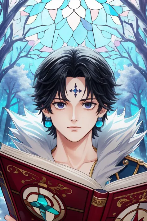 <lora:ANIME_HXH_ChrolloLucilfer_v10:0.8><lora:STYLE_stainedglass_v10:0.9>, chrollo lucilfer, solo, 1boy, male focus, earrings, jacket, fur trim, black eyes, holding book, crystal forest background, stained glass sky, portrait, dappled sunlight, outside <lora:ANIME_STYLE_HandsomeMale25d_v10:0.2><lora:FEATURE_Betterhands_Locon_alpha3:0.2><lora:HDR_EpiNoiseoffset_Pynoise_v2:0.4><lora:STYLE_AbstractDisco:0.25> <lora:STYLE_Crystalline_v10:0.25> crystalline crown, 64K, f1.2, 800mm, UHD, dynamic lighting