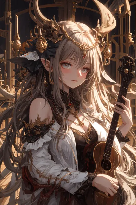 a woman with long hair and horns holding a guitar