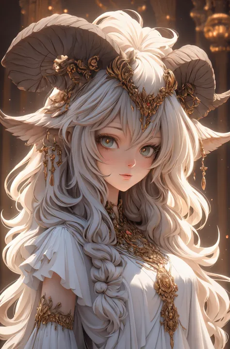 1girl,white hair,long hair,(red eyes),white dress,white long dress,loose dress,accesories,jewelry,golden jewelry,portrait,serious face,beautiful face,expresionless,(half closed eyes), <lora:Fallen_angel:0.7> bj_Devil_angel,  <lora:Messy:0.7> Messy_art