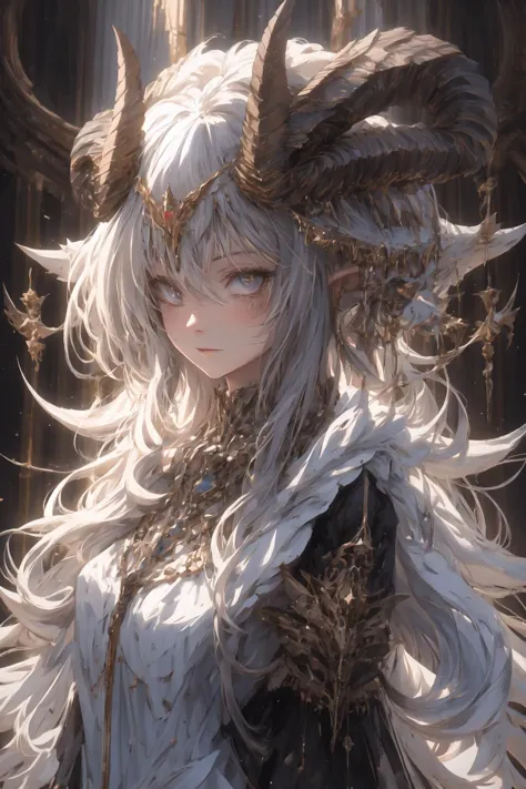 a woman with long white hair and horns in a dark forest