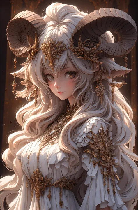 a woman with horns and a dress is standing in front of a wall