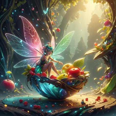 faetech ,scifi, pixie dust, iridescent, 
bowl of fruits,