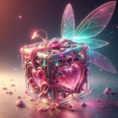 faetech ,science-fiction, poussière de lutin, Iridescent, 
(fond simple:1.3), (cube:1.1), forme de coeur , cube compagnon lesté,