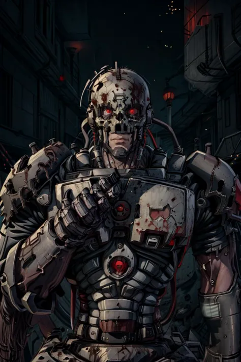 a close up of a robot with a bloody face and a bloody arm