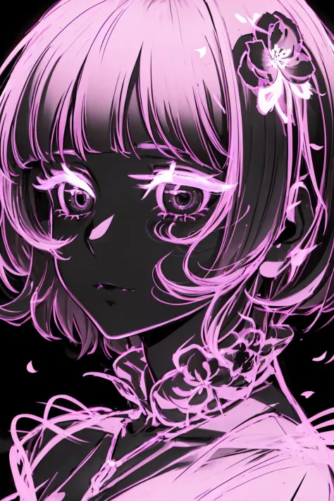 lineart, bob cut, neon, <lora:vineo:0.8>, monochrome, pink, close up, flower, attention to detail,