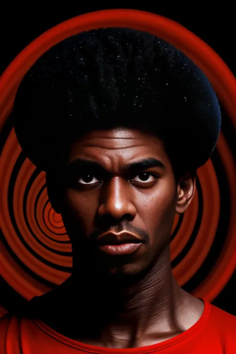 arafed image of a man with a black afro and a red shirt