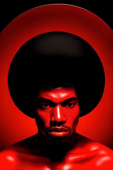 32K, critically acclaimed, masterpiece, dramatic headshot, photograph of, african, 1man, solo, male focus, black hair, (pickedfro:1.05 haircut), looking at viewer, (black background, red spiral background, pop art background),  <lora:afrohelperv2:1>