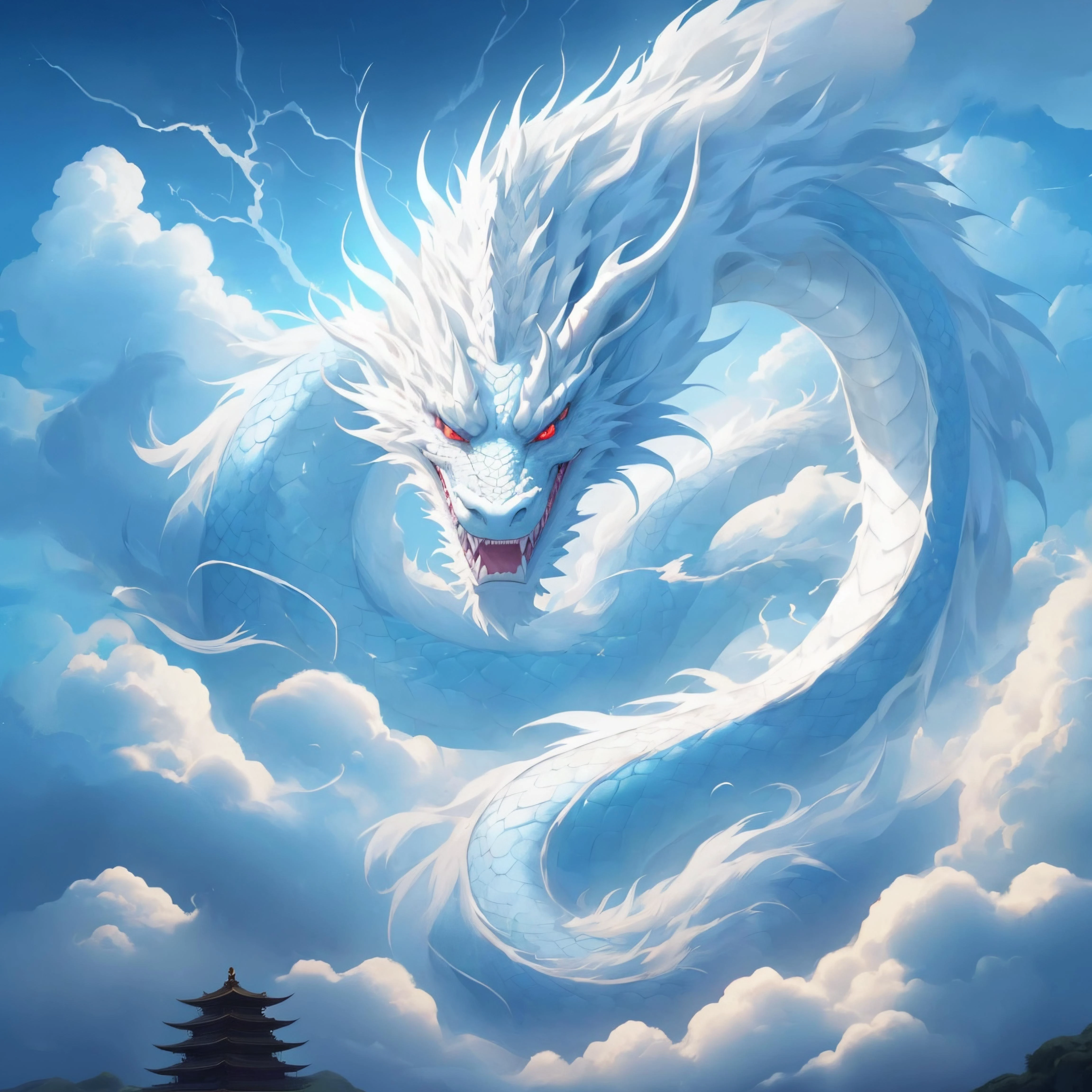 bird, blue eyes, blue sky, cloud, cloud dragons, cloudy, cloudy sky, cloudydragon, day, dragon, dragons, east asian architecture, eastern dragon, fangs, flying, glowing, horns, lightning, looking at viewer, no humans, outdoors, red eyes, scenery, sharp teeth, sky, solo, teeth