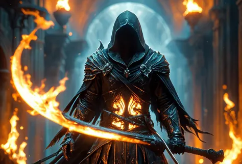 amazing quality, masterpiece, best quality, hyper detailed, ultra detailed, UHD, perfect anatomy, blurry background, flame environment, hall, biogas, night, Assassin's Creed,
Carrying Death Scythe, armor, (holding Death Scythe:1.3), arm up,( faceless:1.3), mystery, phantom, broadsword,
ghost, shadow, evil, nothingness, transparent body, cloak with hat, lighting self,
<lora:HKStyle:0.75>, HKStyle,
<lora:add-detail-xl:0.85>,
<lora:quality1:0.75>,
<lora:extremely_detailed:0.65>, extremely detailed,
 <lora:ral-blacklight-sdxl:0.65>, ral-blacklight,