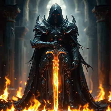 amazing quality, masterpiece, best quality, hyper detailed, ultra detailed, UHD, perfect anatomy, blurry background, flame environment, hall, biogas, 
Carrying Death Scythe, armor, (holding Death Scythe:1.3), arm up,( faceless:1.3), mystery, phantom, broadsword,
ghost, shadow, evil, nothingness, transparent body, cloak with hat, lighting self,
<lora:HKStyle:0.75>, HKStyle,
<lora:add-detail-xl:0.85>,
<lora:quality1:0.75>,
<lora:extremely_detailed:0.65>, extremely detailed,
 <lora:ral-blacklight-sdxl:0.7>, ral-blacklight,