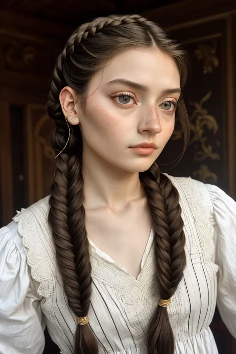 (renaissance style, historical, humanistic, detailed, chiaroscuro:1.15), <lora:sd15_JessicaClements_v1:.9> JessicaClements, focus on eyes, close up on face, pouting, light gray hair styled diagonal braid, ND filter