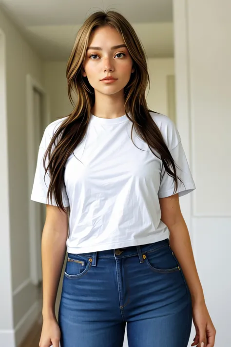 (long shot:1.4), <lora:sd15_JessicaClements_v1:.9> JessicaClements wearing a t-shirt and jeans