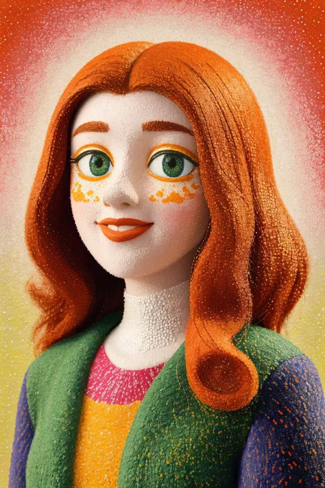 a close up of a doll with orange hair and green eyes