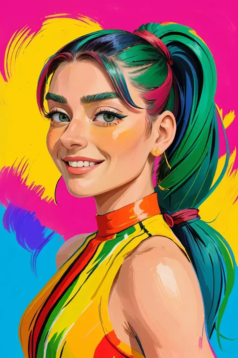 a digital painting of a woman with colorful hair and a ponytail