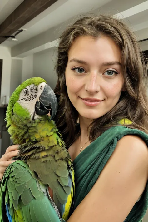 araffed woman holding a green parrot in her arms