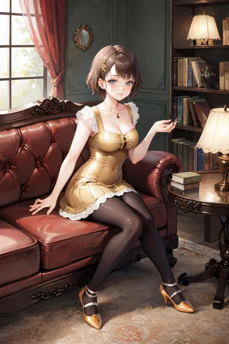 masterpiece, best quality, minazuki ruka, yellow dress, pantyhose, cleavage, high heels, chair, sitting, indoors, bookshelf, lou...