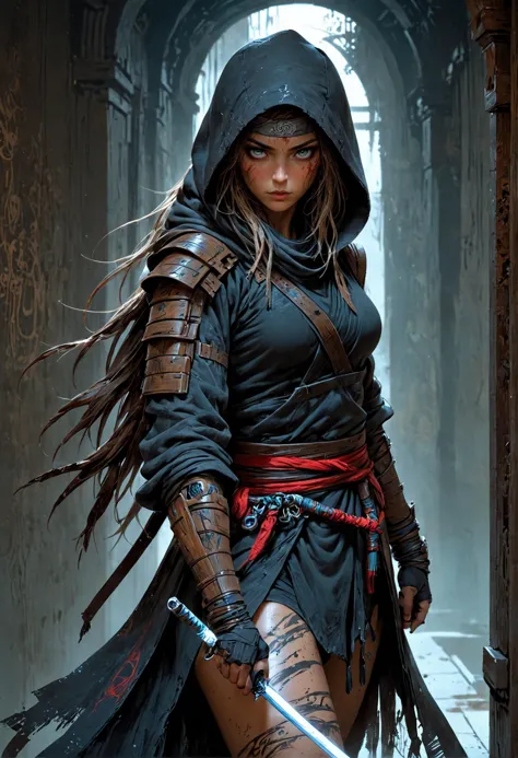 ninja girl, hooded, long hair, in a dark corridor, dim light, cloak, fingerless gloves, fantasy, tail, shadow magic, beautiful e...