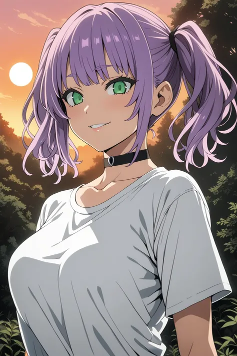 a woman with purple hair and green eyes stands in front of a sunset