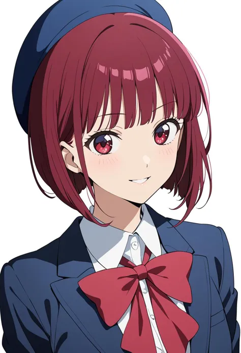 1girl, solo, arima kana,
short hair, red eyes, red eyes, white shirt, collared shirt, bowtie, seductive smile, blue beret, streaked hair, blue suit jacket, 
white background, simple background, anime coloring,
masterpiece, best quality,