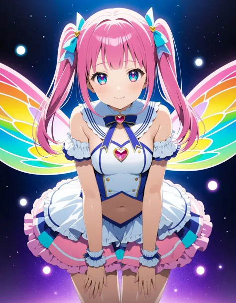 source_anime screencap, masterpiece, awesome top artist illustration, gravure beautiful poses, (kawaii:1.2), pripara idol, sailor leotard magical girl, vtuber, yumekawa pastel color tone and manner, textile shading colorfull pastel fashion, see-through skirt, latex, navel, fairy wing, fantasy background, 90's animation, kawaii, beautiful detailed eyes, white large pupils, light smile, in heat, blush cheeks, pastel color hair, heart jewel, transform scene effect high quality background, masterpiece, extremely detailed thin line,most fav,highly rating, masterpiece, perfect anatomy, very high resolution absurdres, insane sharpness, global illumination,  perfect female proportion, leaning forward, amazing quality, very aesthetic, absurdres, 135mm f1.4, bokeh, glossy skin oily, perfect anatomy, clothes reflecting light, extremely shiny clothes, ultimate quallity, extremely detailed thin line,most fav,highly rating, masterpiece,
