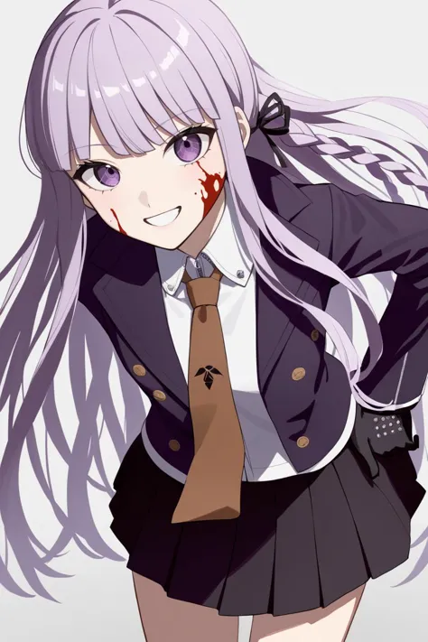 1girl, solo, BREAK <lora:Kyoko9:1> Kyoko, black gloves, purple jacket, purple skirt, brown necktie, white shirt, leaning forward, smile, blood on face