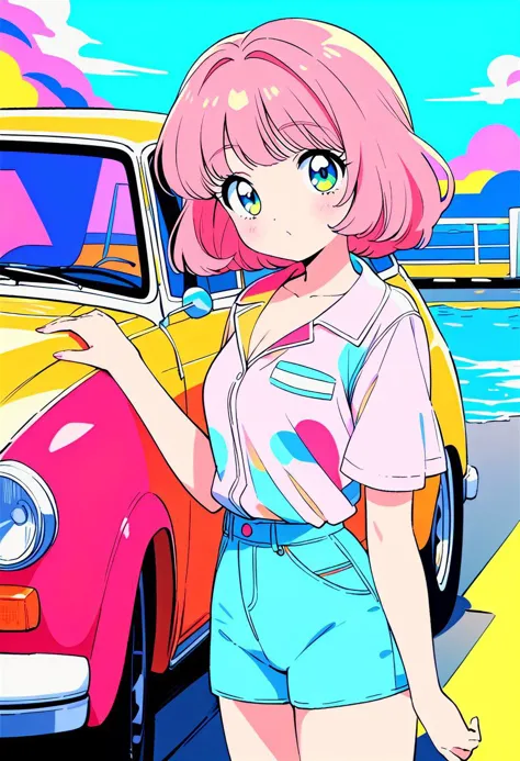 masterpiece, best quality, beautiful detailed eyes, ultra-detailed, finely detail, highres, perfect anatomy, colorful, Pastel Colors, 1girl, solo, simple background, retro style, 1980s city pop, city pop anime, car, retoro style, 1980s fashion, cowboy shot, Kyoto Animation, sea, in summer, vivid colors