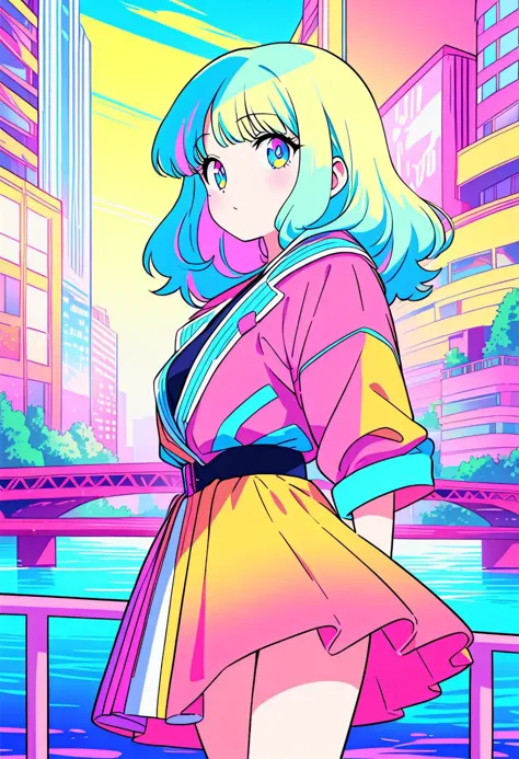 masterpiece, best quality, beautiful detailed eyes, ultra-detailed, finely detail, highres, perfect anatomy, colorful, Pastel Colors, 1girl, solo, (city pop illustration), (city pop arts), simple background, retro style, (vaporwave city pop), (1980s city pop), (city pop anime), (river, bridge), retoro style, 1980s fashion, cowboy shot, Kyoto Animation,