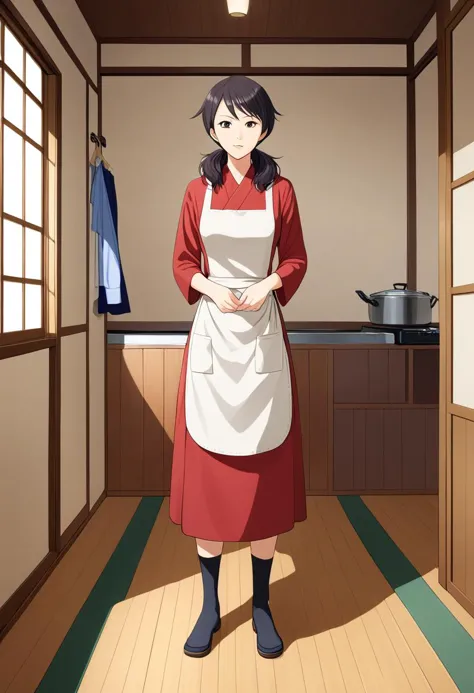 a woman in a red dress standing in a kitchen with a white apron