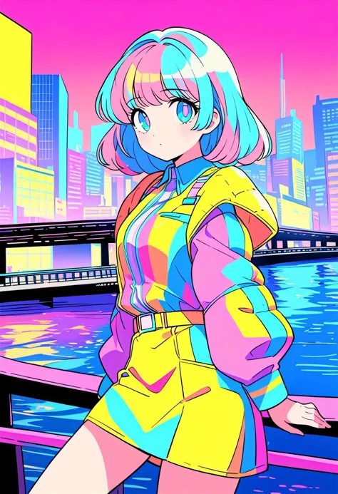 masterpiece, best quality, beautiful detailed eyes, ultra-detailed, finely detail, highres, perfect anatomy, colorful, Pastel Colors, 1girl, solo, (city pop illustration), (city pop arts), simple background, retro style, (vaporwave city pop), (1980s city pop), (city pop anime), (river, bridge), retoro style, 1980s fashion, cowboy shot,