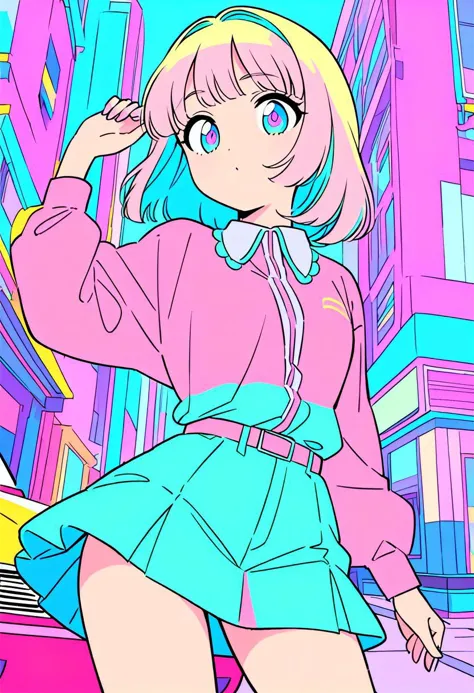 masterpiece, best quality, beautiful detailed eyes, ultra-detailed, finely detail, highres, perfect anatomy, colorful, Pastel Colors, 1girl, solo, city pop illustration, simple background, retro style, vaporwave city pop, 1980s city pop, city pop anime, car, retoro style, 1980s fashion, cowboy shot, Kyoto Animation, flat color