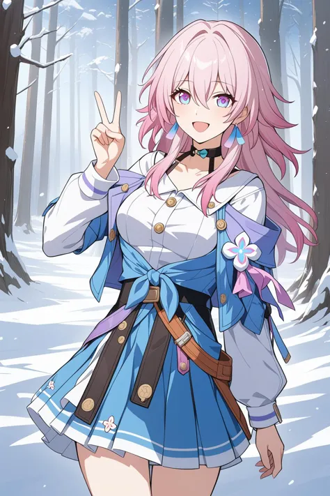 1girl, march 7th (honkai: star rail), honkai: star rail, honkai (series),
black choker, blue jacket, blue skirt, choker, earrings, long hair, long sleeves, looking at viewer, open mouth, pink eyes, pink hair, shirt, skirt, smile, tied jacket, v, white shirt,
forest, snow, anime coloring, 
masterpiece, best quality,