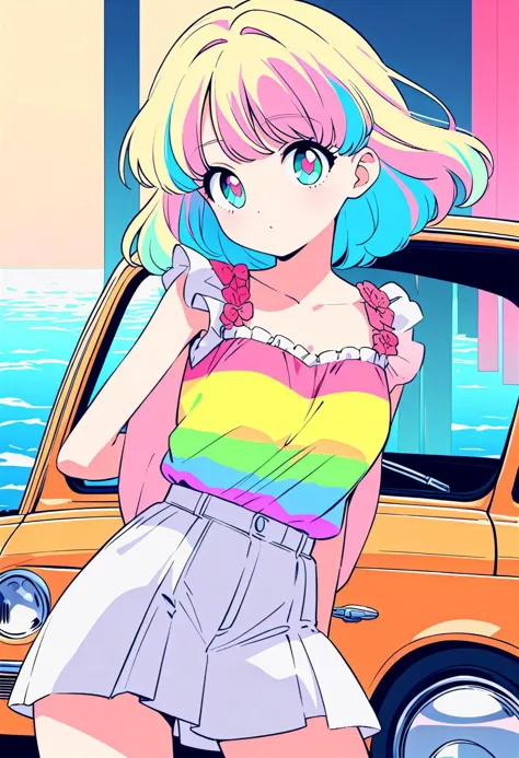 masterpiece, best quality, beautiful detailed eyes, ultra-detailed, finely detail, highres, perfect anatomy, colorful, Pastel Colors, 1woman, solo, simple background, retro style, 1980s city pop, city pop anime, car, retoro style, 1980s fashion, cowboy shot, Kyoto Animation, sea, in summer, vivid colors