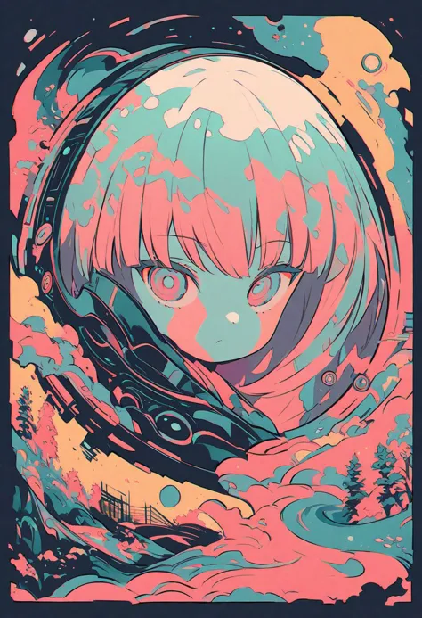 a poster of a girl with a pink hair and blue eyes