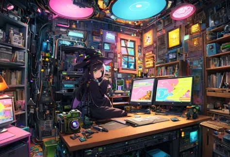 anime girl sitting at a desk with a computer and a monitor