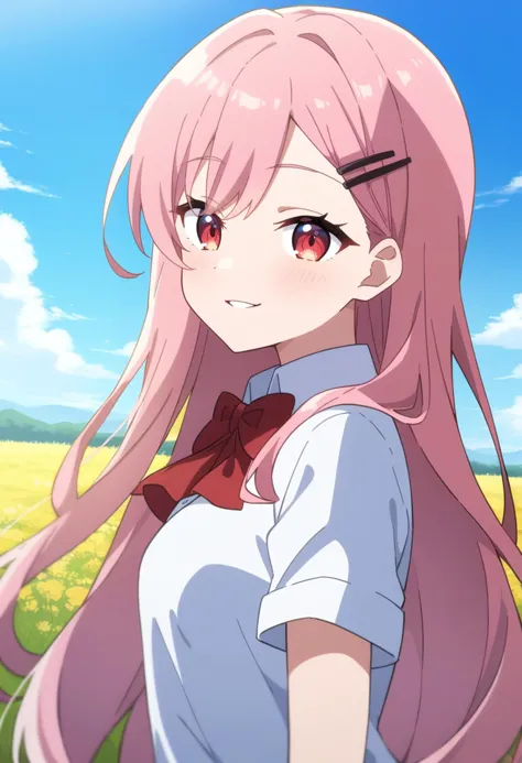 1girl, solo, anime coloring, 
long hair, pink hair, red eyes, seductive smile, small breasts, white shirt, red bowtie, hairclip, 
field, blue sky, 
masterpiece, best quality, very aesthetic, absurdres,