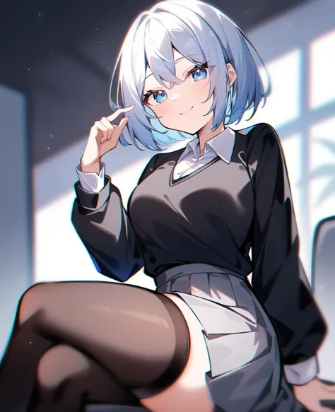 anime girl with blue eyes sitting on a chair in a room