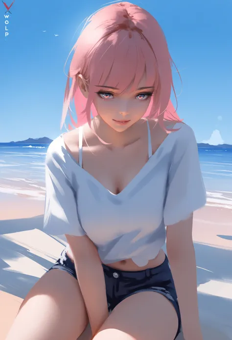 a woman with pink hair sitting on a beach next to the ocean