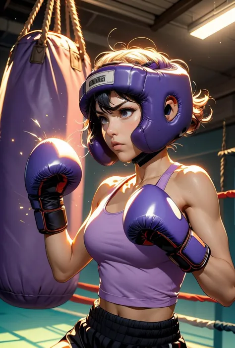 (masterpiece, best quality), 1girl,   Pastel Purple Classic Taper Cut with Side Part, Size H breasts,   <lora:girllikehangingsandbag:0.8> hanging sandbag, outstretched fist, punching, impact, spiral wind on fist, boxer helmet, boxing gloves, tank top, training gym, wind, glowing, speed lines